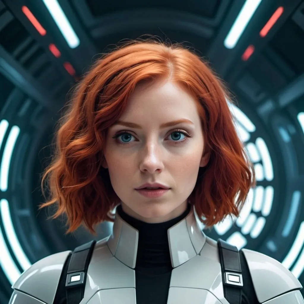 Prompt: A sci-fi movie poster, futuristic background, redhead woman, Star Wars style