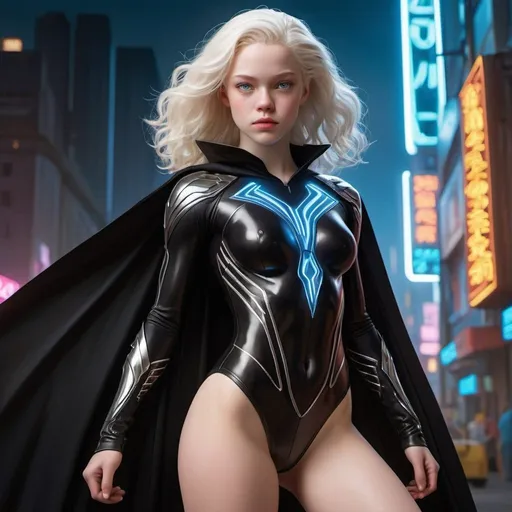 Prompt: High resolution, exceptional detail, ultra-high quality, Photorealistic, full body. Set against the backdrop of a neon-lit future, an 18-year-old teenage superheroine radiates both innocence and formidable strength. Her albino-like visage—bright white skin, radiant white hair, and striking, vibrant blue eyes—stands in sharp contrast to her environment. She is clad in a sleek black leotard, intricately adorned with illuminated technical accents that meticulously highlight her camel toe, abs, female curves, and the subtle nuances of her form. The leotard is emblazoned with Thor's hammer as her logo, a testament to her unyielding strength and valor. Completing her ensemble is a flowing black cape and stylish knee-high boots with heels, which marry elegance with combat readiness. Her attire not only speaks to her power and warmth but also to her readiness to face any challenge.

Exceptional attention is demanded for her face, where the highest level of realism is crucial. Her facial features—captivating vibrant blue eyes, soft vibrant pink lips, playful dimples, and a delicate dusting of freckles—must be rendered with unparalleled clarity and lifelike detail. These features together mirror her sweet, friendly nature and her indomitable spirit. This detailed attention extends to the illuminated aspects of her outfit, underscoring the approachable yet formidable essence of her character. The rendering should achieve a level of realism that brings her to life, ensuring that her expressions and features resonate with vivid detail and authenticity.