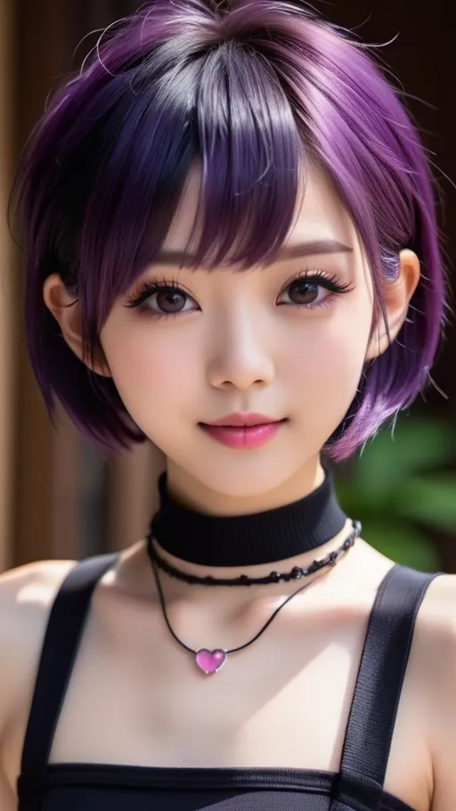 Prompt: a ultra-gorgeous and ultra-cute young japanese woman. She has short and messy purple hair. Dimples and pink lips. Very pale skin.  Slim figure and a tiny flat chest. Cute, lovely, innocent, petite, sweet. Wearing a choker and a crop top. highres, detailed face, 