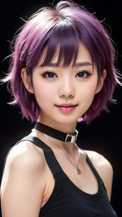 Prompt: a ultra-gorgeous and ultra-cute young japanese woman. She has short and messy purple hair. Dimples and pink lips. Very pale skin.  Slim figure and a tiny flat chest. Cute, lovely, innocent, petite, sweet. Wearing a choker and a crop top. highres, detailed face, 