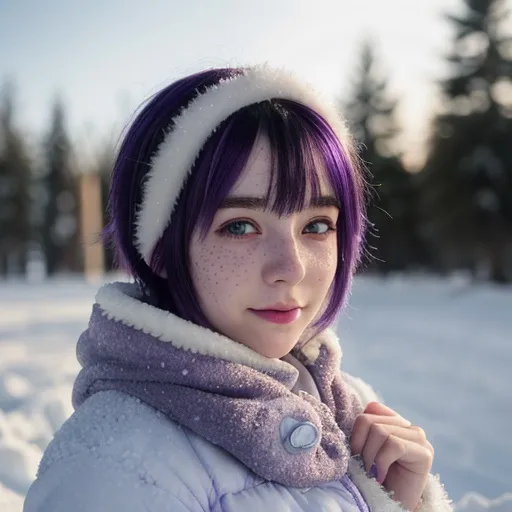 Prompt: Full body. Breathtakingly cute anime illustration of a skinny girl, ice-cold white skin, purple hair, freckles, dimples, short messy hair, cold winter morning, highres, ultra-detailed, anime, cute, liquid material, purple hair, freckles, cold, skin-tight, winter morning, soft lighting