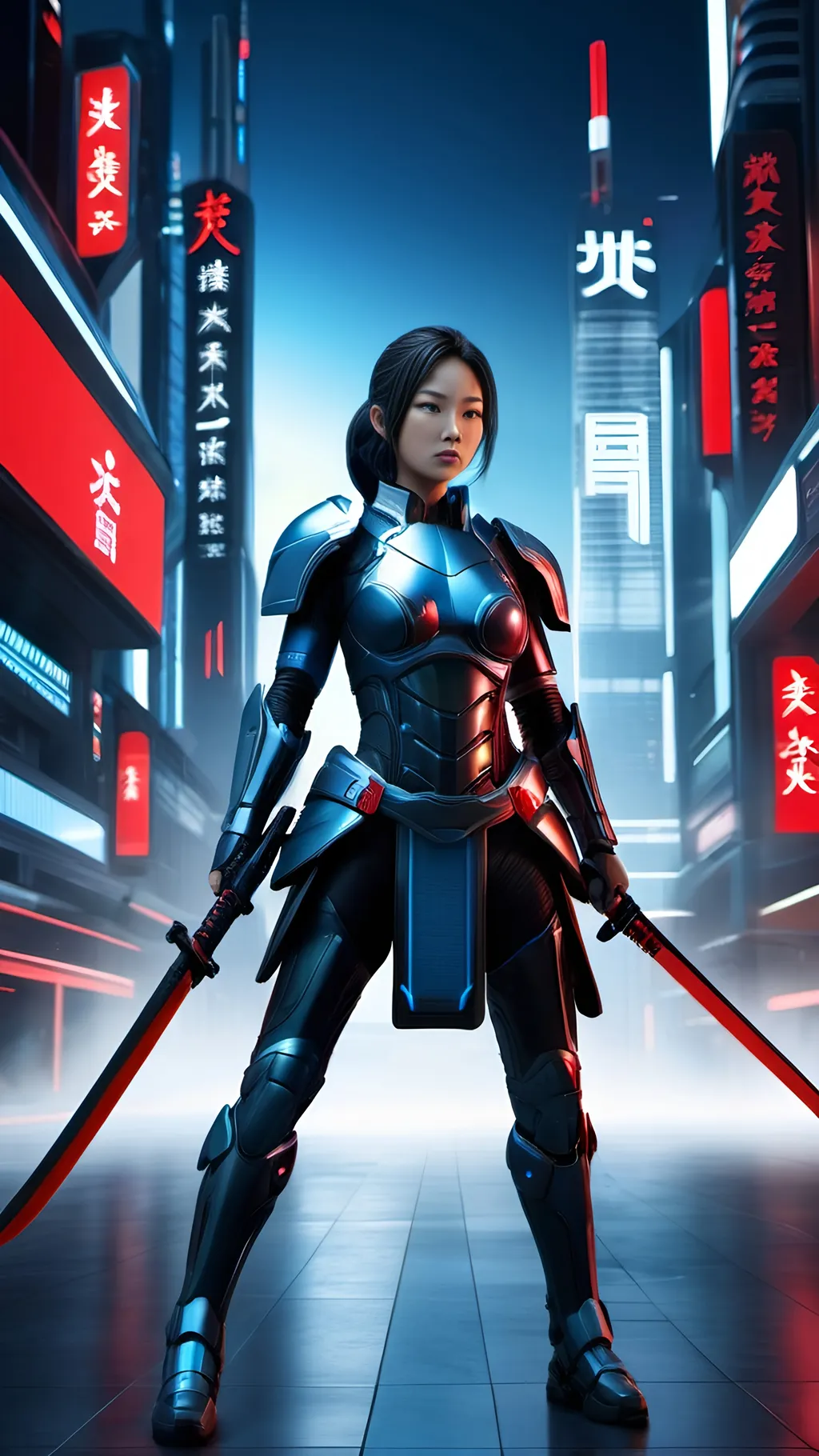 Prompt: Futuristic Japanese female warrior in photorealism, showcased with her body fully visible, standing proud, advanced sci-fi scene, detailed matte black armor with technical enhancements lighting blue and red, high quality, photorealism, futuristic, Japanese warrior,armed with a traditional Katana, female, advanced technology, detailed scene, sci-fi, distant future, warrior, detailed facial features, atmospheric lighting, cybernetic enhancements, intricate details, futuristic cityscape, photorealistic rendering, intense and focused gaze, high-tech weaponry