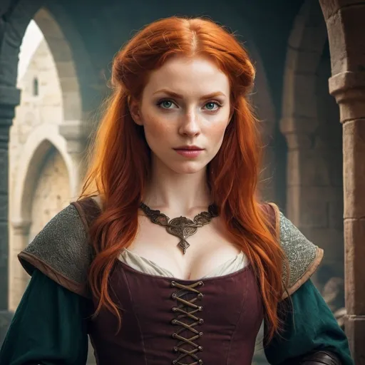 Prompt: A fantasy movie poster, medieval background, redhead woman, D&D style