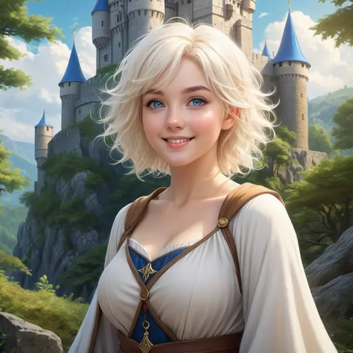 Prompt: Hyper realistic Anime illustration of a curvy  magical wizard woman, short Messy hair, bright white blonde hair, cute and friendly smile, blue eyes, standing tall in a mystical forest, dimples and freckles, shy, innocent, angelic aura, medieval castle in the background, highres, ultra-detailed, anime, fantasy, magical, mystical forest, cute and friendly, detailed eyes, medieval castle, atmospheric lighting