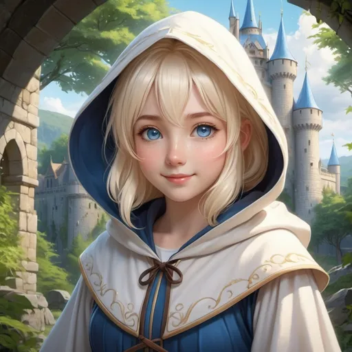 Prompt: Hyper realistic Anime illustration of a curvy young magical wizard girl, short and Messy bright white blonde hair, hooded, cute and friendly smile, blue eyes, standing tall in a mystical forest, dimples and freckles, shy, innocent, angelic aura, medieval castle in the background, highres, ultra-detailed, anime, fantasy, magical, mystical forest, cute and friendly, detailed eyes, shy and innocent, angelic aura, medieval castle, atmospheric lighting