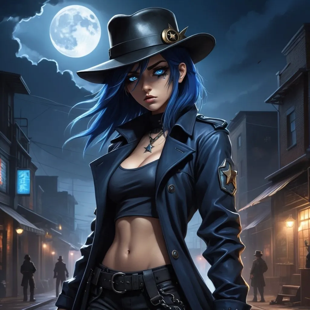 Prompt: Anime illustration of A mysterious woman with navy blue hair on a cyberpunk and steam punk scene. She is wearing a black fedora hat, a long black leather trenchcoat with a marshal star,  blue with black t-shirt, black cargo pants and black tactical boots. She is armed with a warhammer. Empty western town at midnight with lightnings striking down around her, dramatic lighting, full moon. Highres, masterpiece, detailed face, detailed hair, detailed eyes, detailed body.