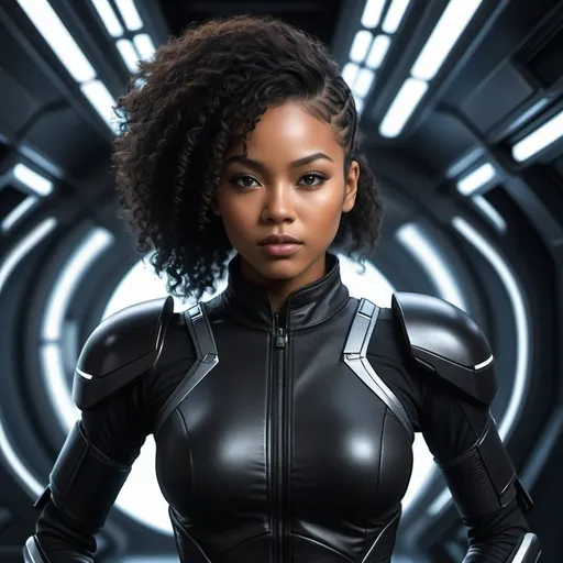 Prompt: Create a high-resolution, detailed digital painting of a young female Afro-Asian cyborg ninja set in a futuristic science fiction environment. She is aboard a sleek and advanced starship, standing confidently in a dimly lit corridor. Her attire is form-fitting, designed exclusively in various shades of black, such as matte black, sparkling black, and jet black, which blend traditional ninja elements with futuristic, cybernetic enhancements. These shades should create a nuanced, monochromatic look that emphasizes the outfit's texture and the character's silhouette against the ambient lighting. Visible cybernetic enhancements include glowing eyes and mechanical limbs, highlighting her human and cybernetic nature. This scene captures a sense of mystery and power, with detailed hair, realistic facial features, and professional detail in the eyes, fabric texture, and ambient starship lighting. Ensure no color palette appears in the image.