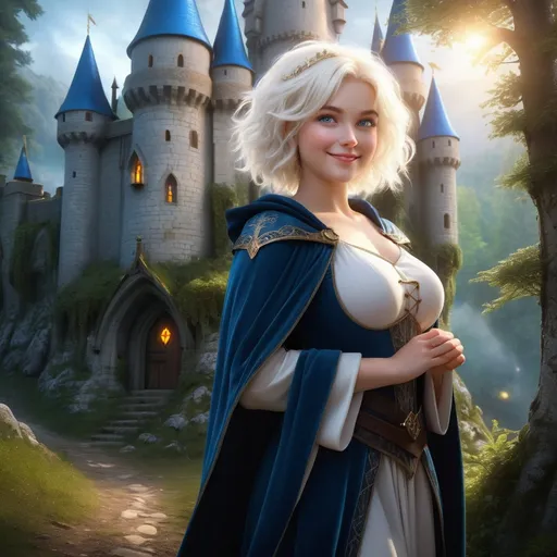 Prompt: realistic curvy  magical wizard woman, short Messy hair, bright white blonde hair, cute and friendly smile, blue eyes, standing tall in a mystical forest, dimples and freckles, shy, innocent, angelic aura, medieval castle in the background, highres, ultra-detailed, fantasy, magical, mystical forest, cute and friendly, detailed eyes, medieval castle, atmospheric lighting