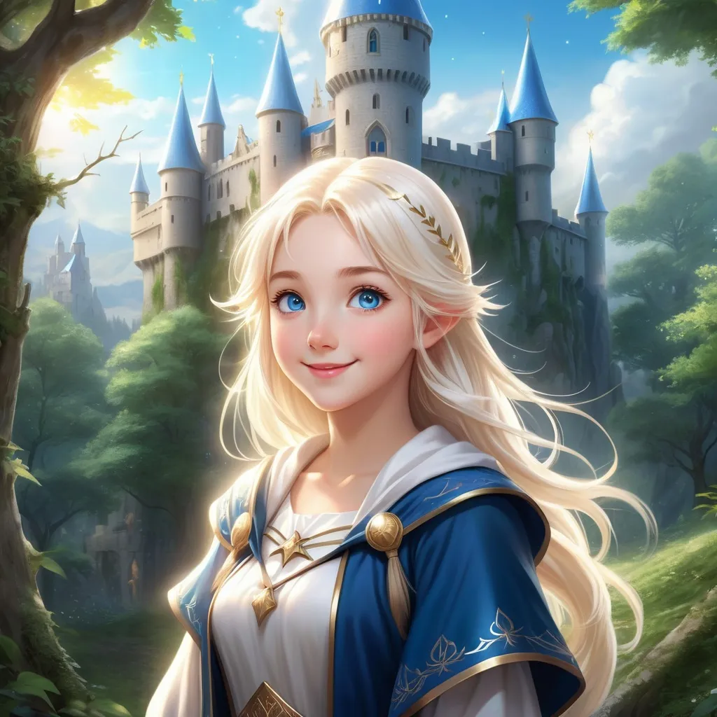 Prompt: Hyper realistic Anime illustration of a young magical wizard girl, bright white blonde hair, cute and friendly smile, blue eyes, standing tall in a mystical forest, dimples and freckles, shy, innocent, angelic aura, medieval castle in the background, highres, ultra-detailed, anime, fantasy, magical, mystical forest, cute and friendly, detailed eyes, shy and innocent, angelic aura, medieval castle, atmospheric lighting