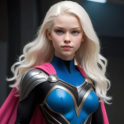 Prompt: High resolution, exceptional detail, high quality, Photorealistic. In a neon-lit future, a teenage superheroine of 18 years, embodying both innocence and strength, stands out with her albino-like features: her skin is a luminous bright white, complemented by radiant white hair and striking vibrant blue eyes. She wears a sleek black leotard adorned with illuminated technical accents that highlight her abs, female curves, and the nuances of her physique. The leotard features Thor’s hammer as her logo, symbolizing her unyielding strength and heroism. Her ensemble is completed by a flowing black cape and stylish knee-high boots with heels, blending elegance with combat readiness. Her attire is a testament to her strength and warmth. Pay special attention to her face—it must be rendered with utmost detail, capturing the kindness in her vibrant blue eyes, the softness of her vibrant pink lips, the playful charm of her dimples, and the delicate scattering of freckles. Her face is a critical focal point, reflecting her adorable, sweet, and friendly nature. Emphasize the illuminated details of her outfit and the powerful yet approachable essence of her character, ensuring her facial expressions and features are depicted with exceptional clarity and realism.