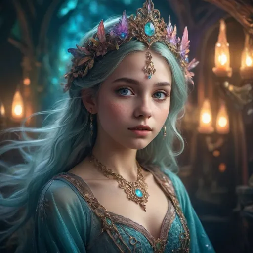 Prompt: Young girl in a fantasy setting, petite body, magical elements, ethereal atmosphere, vibrant and mystical color palette, whimsical fantasy style, detailed facial features, glowing magical effects, flowing and ornate fantasy attire, high quality, fantasy, ethereal, magical elements, whimsical, vibrant colors, detailed facial features, glowing effects, ornate attire, atmospheric lighting