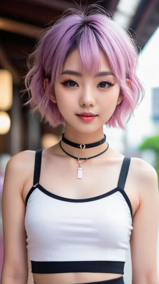 Prompt: Ultra-cute young Japanese girl with short, messy purple hair, pale skin, dimples, and pink lips, petite and slim figure, tiny flat chest, wearing a choker and a crop top, highres, detailed face, cute, lovely, innocent, sweet, professional, choker, crop top, delicate features, kawaii, pastel colors, soft lighting