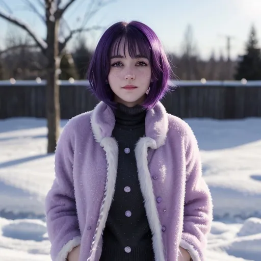 Prompt: Full body. Breathtakingly cute anime illustration of a skinny girl, ice-cold white skin, purple hair, freckles, dimples, short messy hair, cold winter morning, highres, ultra-detailed, anime, cute, liquid material, purple hair, freckles, cold, skin-tight, winter morning, soft lighting