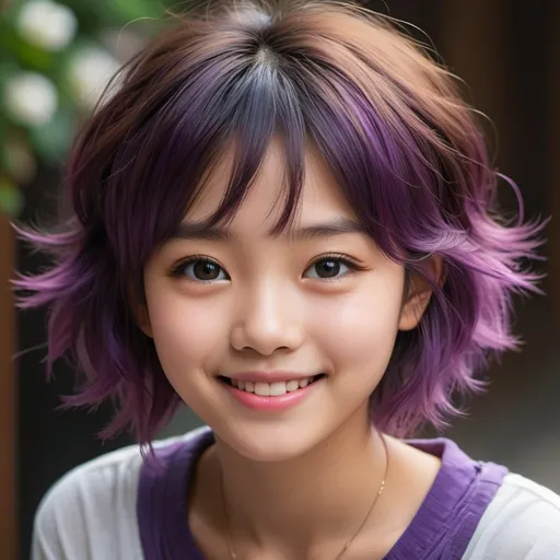 Prompt: Envision a high-resolution, photorealistic portrait of a breathtakingly cute, petite, and sweet Japanese teenage girl, framed to ensure her entire head and the playful mix of purple and violet in her short, messy hair are fully captured, without any part being cropped out. Her eyes, a deep and warm brown, sparkle with a soulful depth, mirroring a world of curiosity and innocence. Her lips, fuller and softly tinted, curve into a friendly and cute smile that lights up her face, embodying an angelic aura and loveliness. This smile, genuine and warm, seems to radiate comfort and coziness, making anyone who sees her feel a surge of happiness and forget the troubles of the world. The portrait should not only focus on her physical attributes but also capture the essence of her comforting presence, as if her smile and the sparkle in her eyes could warm the heart and soul, making her truly unforgettable and a beacon of pure, innocent joy.