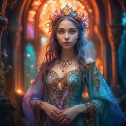 Prompt: Young girl in a fantasy setting, petite body, magical elements, ethereal atmosphere, vibrant and mystical color palette, whimsical fantasy style, detailed facial features, glowing magical effects, flowing and ornate fantasy attire, high quality, fantasy, ethereal, magical elements, whimsical, vibrant colors, detailed facial features, glowing effects, ornate attire, atmospheric lighting