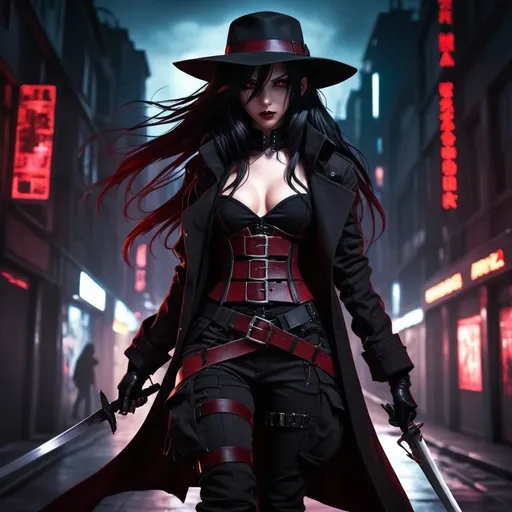 Prompt: Anime cyberpunk style, young vampire huntress, long flowing black hair with dark red streaks, dark red corset, black cargo pants, tactical belt, long black coat, black fedora hat, carrying a sword on her back, highly detailed, HD, dark background, sneaking through an iluminated city center