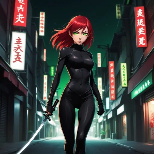 Prompt: Anime illustration of a Young Asian ninja woman, ruby red hair, green eyes, very skinny, narrow, slender, petite, wearing tight form-fitting a black catsuit, sneaking through an illuminated city center at midnight, armed with shuriken and a katana 