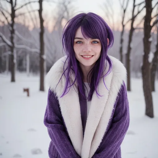 Prompt: Full body. Breathtakingly cute skinny girl, friendly and happy expression, ice-cold white skin, purple hair, freckles, dimples, short messy hair, cold winter morning, highres, ultra-detailed, realistic, cute, ultra detailed, purple hair, freckles, cold, skin-tight, winter morning, soft lighting