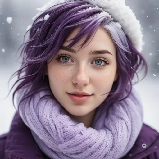 Prompt: Breathtakingly cute girl.with a curvy body, friendly and happy expression, ice-cold white skin, purple hair, freckles, dimples, short messy hair, cold winter morning, highres, ultra-detailed, realistic, cute, ultra detailed, purple hair, freckles, cold winter morning, snow storm, soft lighting