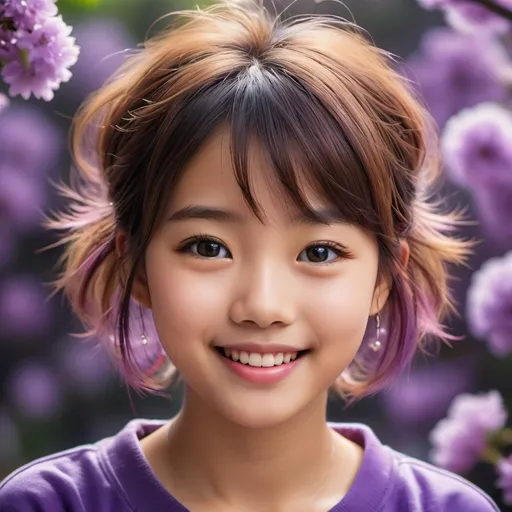 Prompt: Envision a high-resolution, photorealistic portrait of a breathtakingly cute, petite, and sweet Japanese teenage girl, framed to ensure her entire head and the playful mix of purple and violet in her short, messy hair are fully captured, without any part being cropped out. Her eyes, a deep and warm brown, sparkle with a soulful depth, mirroring a world of curiosity and innocence. Her lips, fuller and softly tinted, curve into a friendly and cute smile that lights up her face, embodying an angelic aura and loveliness. This smile, genuine and warm, seems to radiate comfort and coziness, making anyone who sees her feel a surge of happiness and forget the troubles of the world. The portrait should not only focus on her physical attributes but also capture the essence of her comforting presence, as if her smile and the sparkle in her eyes could warm the heart and soul, making her truly unforgettable and a beacon of pure, innocent joy.