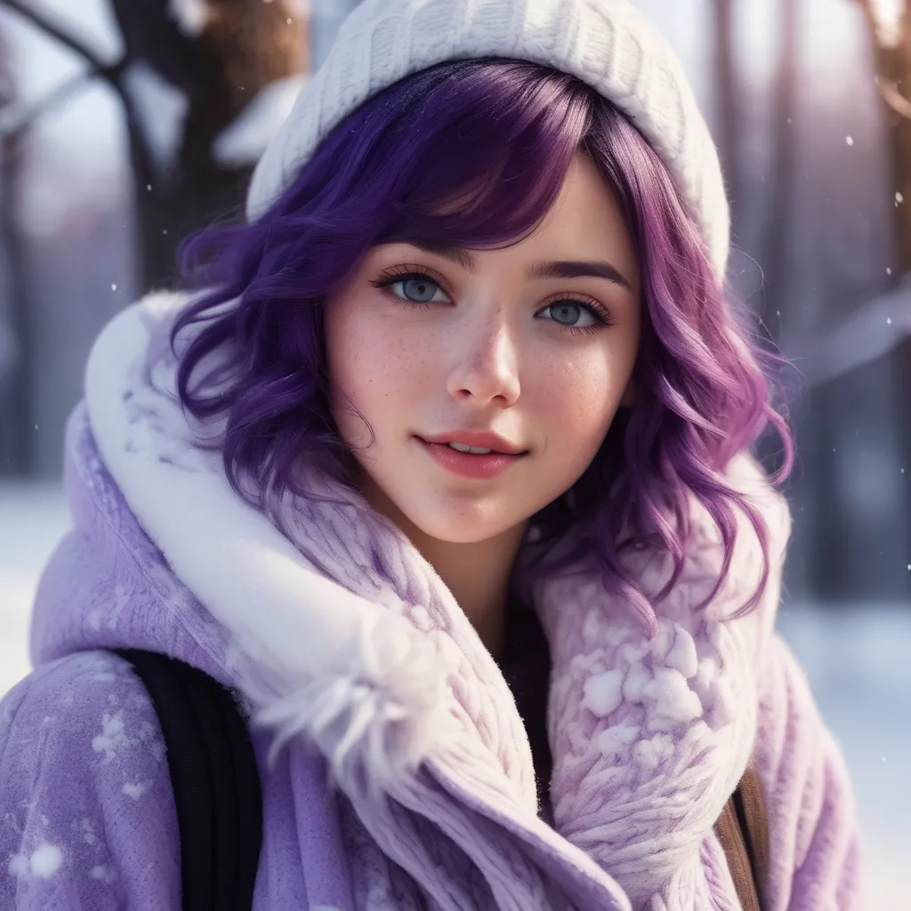 Prompt: Breathtakingly cute girl.with a curvy body, friendly and happy expression, ice-cold white skin, purple hair, freckles, dimples, short messy hair, cold winter morning, highres, ultra-detailed, realistic, cute, ultra detailed, purple hair, freckles, cold winter morning, snow storm, soft lighting