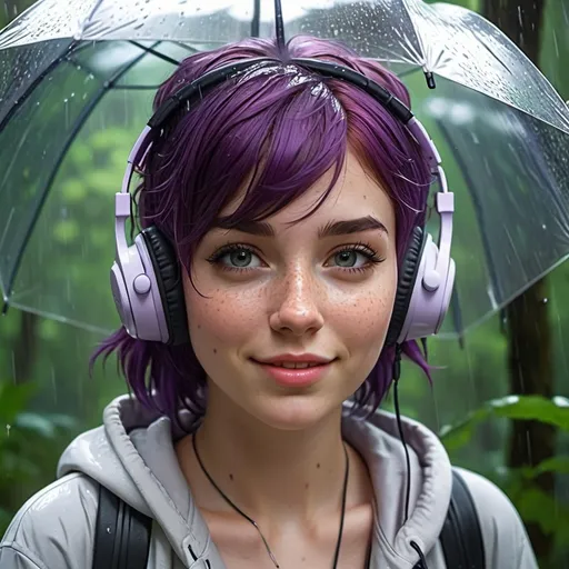 Prompt: Breathtakingly cute girl.with a curvy body, friendly and happy expression, pale freckles skin , purple hair, freckles, dimples, short messy hair, heavy rain, in forest, highres, ultra-detailed, realistic, cute, ultra detailed, purple hair, freckles. Wearing headphones. Listening to heavy metal music, pouring rain, umbrella, wet, soft lighting