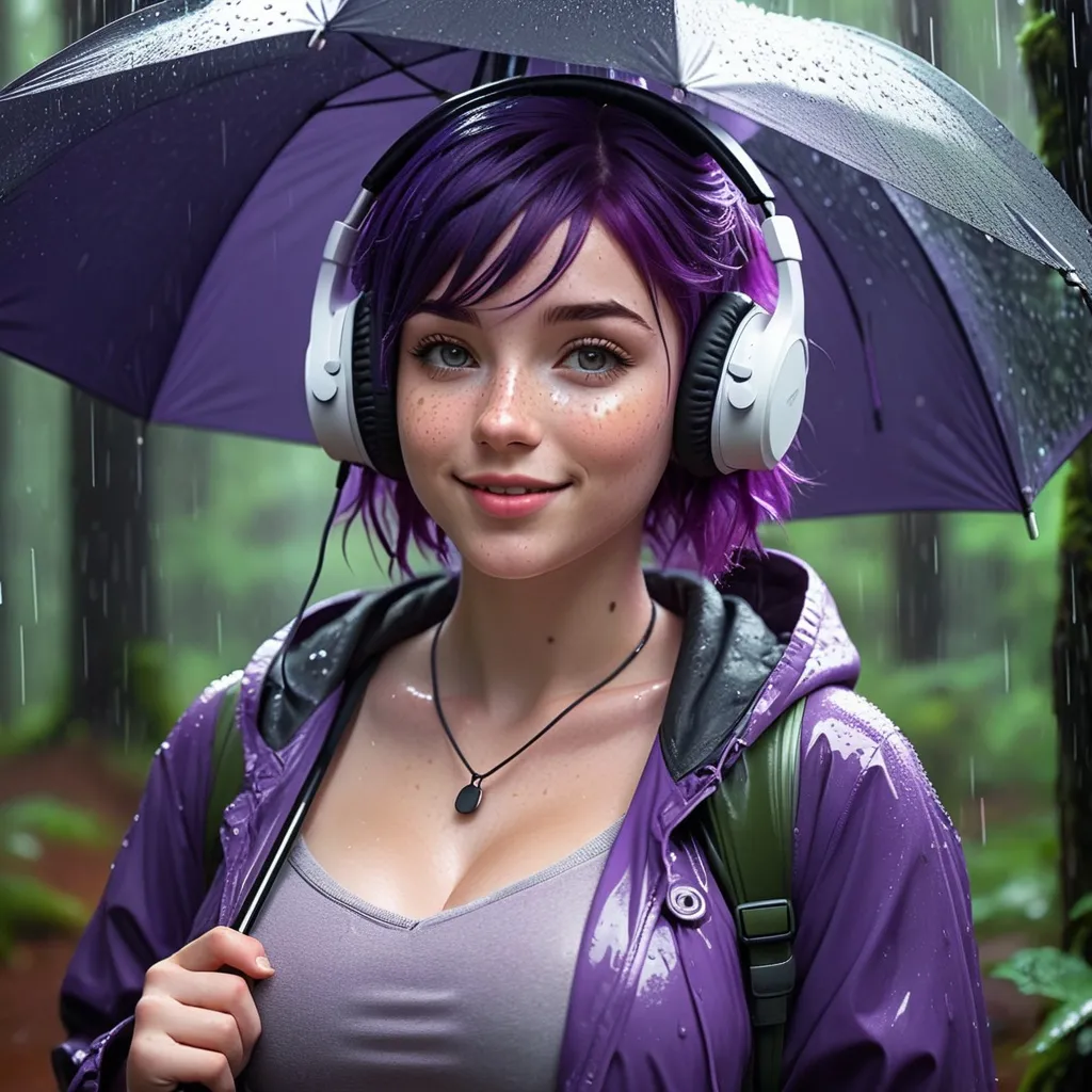 Prompt: Breathtakingly cute girl.with a curvy body, friendly and happy expression, pale freckles skin , purple hair, freckles, dimples, short messy hair, heavy rain, in forest, highres, ultra-detailed, realistic, cute, ultra detailed, purple hair, freckles. Wearing headphones. Listening to heavy metal music, pouring rain, umbrella, wet, soft lighting