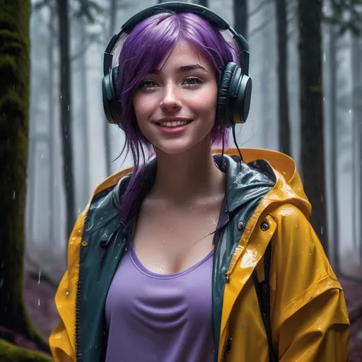 Prompt: Breathtakingly cute girl.with a curvy body, wearing nothing but a raincoat. friendly and happy expression, pale freckles skin , purple hair, freckles, dimples, short messy hair, heavy rain, in forest, highres, ultra-detailed, realistic, cute, ultra detailed, purple hair, freckles. Wearing headphones. Listening to heavy metal music, pouring rain, wet, soft lighting
