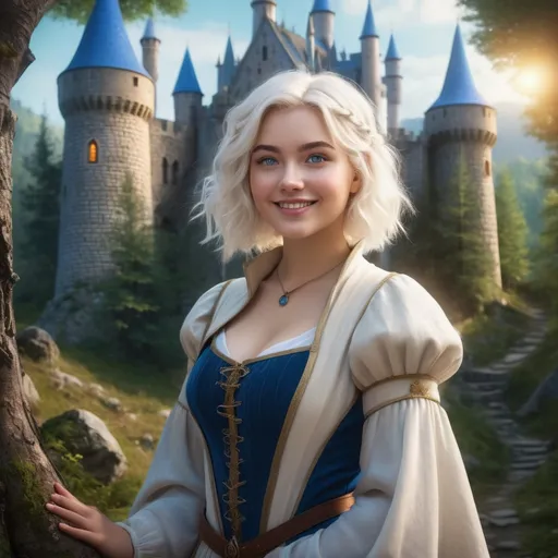Prompt: realistic curvy  magical wizard woman, short Messy hair, bright white blonde hair, cute and friendly smile, blue eyes, standing tall in a mystical forest, dimples, freckles, shy, innocent, medieval castle in the background, highres, ultra-detailed, fantasy, magical, mystical forest, cute and friendly, detailed eyes, medieval castle, atmospheric lighting