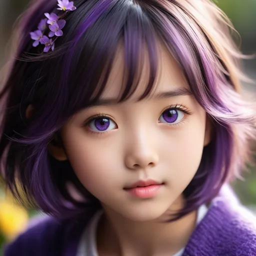 Prompt: Craft a high-resolution, photorealistic portrait of a breathtakingly cute, petite, and sweet Japanese teenage girl, exuding an aura of curiosity, innocence, and angelic loveliness. Her short, messy hair is a captivating mix of purple and violet shades, adding a touch of whimsical charm. Her eyes are a warm brown, reflecting a soulful depth that invites comfort and warmth. Her lips are soft and full, enhancing her gentle expression. This girl's presence embodies a cozy, comforting essence, as if her very being could make one forget all the darkness in the world. Her angelic aura and the pure, innocent curiosity in her gaze should radiate a sense of peace and happiness, warming the heart of anyone who looks upon her. This portrait should not just capture her physical beauty but also the intangible, heartwarming quality that makes her truly unforgettable