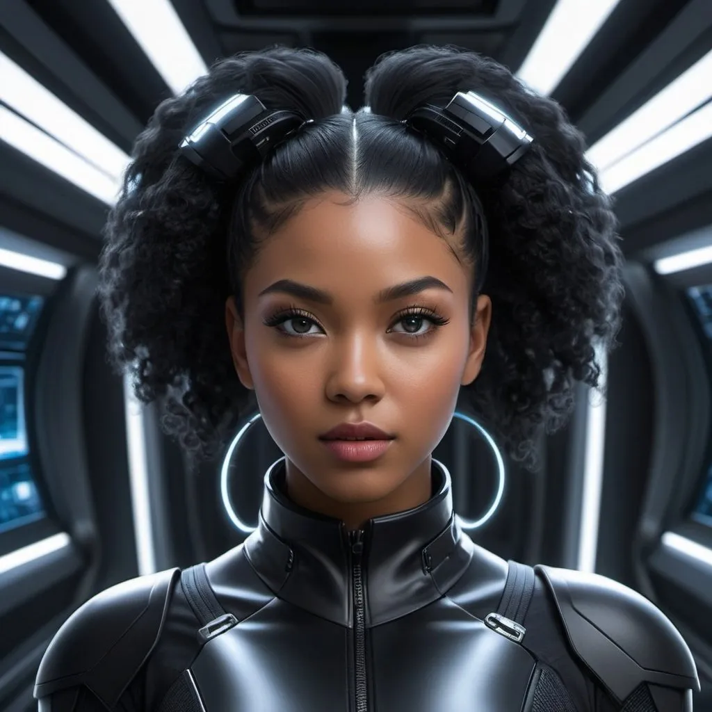 Prompt: Create a high-resolution, detailed digital painting of a young Afro-Asian female with technical enhancements, embodying the essence of a ninja set in a futuristic science fiction environment. She stands confidently aboard a sleek and advanced starship, in a dimly lit corridor. Her attire is a form-fitting outfit in various shades of black, such as matte black, sparkling black, and jet black, that combines traditional ninja elements with subtle, futuristic technical enhancements. Her hairstyle features straight, long black hair, potentially styled into a black pigtail or with a sidecut. The shades of black in her outfit create a nuanced, monochromatic look that emphasizes the outfit's texture and her silhouette against the ambient lighting. The technical enhancements, like a cybernetic arm or glowing eyes, should be visible but integrate smoothly into her human form, emphasizing a balance between her humanity and the technological advances. The scene captures a sense of mystery and power, with detailed hair, realistic facial features, and professional detail in the eyes, fabric texture, and ambient starship lighting.