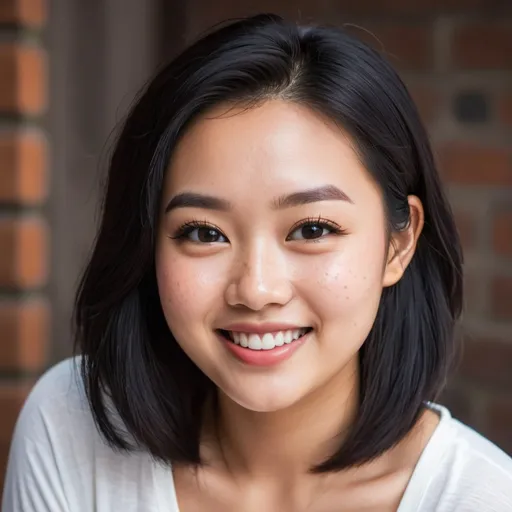 Prompt: Breathtakingly cute curvy young Asian woman. Lovely, Friendly, Happy. Cute smile, cute dimples, pointy freckles. Black hair, dark brown eyes