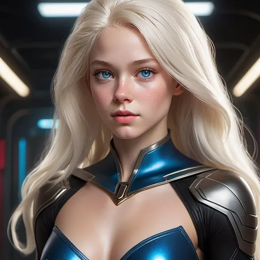 Prompt: High resolution, exceptional detail, ultra-high quality, Photorealistic, full body. Set against the backdrop of a neon-lit future, an 18-year-old teenage superheroine radiates both innocence and formidable strength. Her albino-like visage—bright white skin, radiant white hair, and striking, vibrant blue eyes—stands in sharp contrast to her environment. She is clad in a sleek black leotard, intricately adorned with illuminated technical accents that meticulously highlight her camel toe, abs, female curves, and the subtle nuances of her form. The leotard is emblazoned with Thor's hammer as her logo, a testament to her unyielding strength and valor. Completing her ensemble is a flowing black cape and stylish knee-high boots with heels, which marry elegance with combat readiness. Her attire not only speaks to her power and warmth but also to her readiness to face any challenge.

Exceptional attention is demanded for her face, where the highest level of realism is crucial. Her facial features—captivating vibrant blue eyes, soft vibrant pink lips, playful dimples, and a delicate dusting of freckles—must be rendered with unparalleled clarity and lifelike detail. These features together mirror her sweet, friendly nature and her indomitable spirit. This detailed attention extends to the illuminated aspects of her outfit, underscoring the approachable yet formidable essence of her character. The rendering should achieve a level of realism that brings her to life, ensuring that her expressions and features resonate with vivid detail and authenticity.