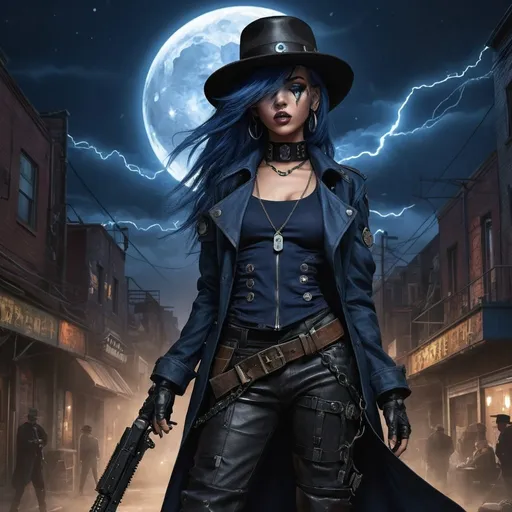 Prompt: Anime illustration of A mysterious woman with navy blue hair on a cyberpunk and steam punk scene. She is wearing a black fedora hat, a long black leather trenchcoat with a marshal star,  blue with black t-shirt, black cargo pants and black tactical boots. She is armed with a warhammer. Empty western town at midnight with lightnings striking down around her, dramatic lighting, full moon. Highres, masterpiece, detailed face, detailed hair, detailed eyes, detailed body.