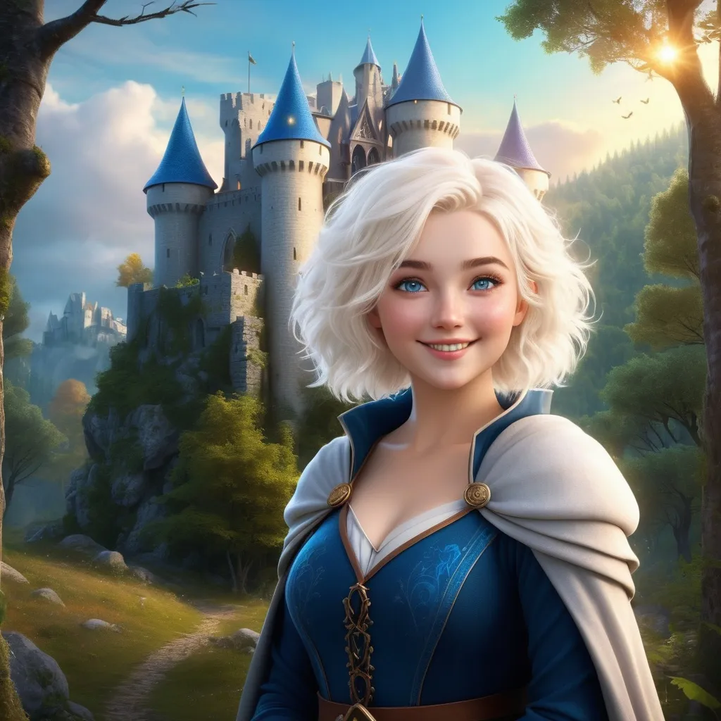 Prompt: realistic curvy  magical wizard woman, short Messy hair, bright white blonde hair, cute and friendly smile, blue eyes, standing tall in a mystical forest, dimples, freckles, shy, innocent, medieval castle in the background, highres, ultra-detailed, fantasy, magical, mystical forest, cute and friendly, detailed eyes, medieval castle, atmospheric lighting