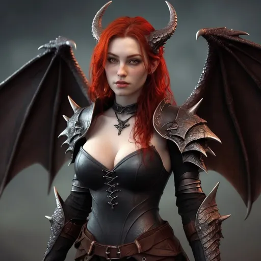Prompt: Full body image. gorgeous young curvy dragonborn woman with red hair in a fantasy scene, small fangs smile (gothic:1.5), (dark fantasy:1.5), wearing a form-fitting revealing bodysuit, little red dragon wings, she has dimples and freckles. Her expression is  mysterious, curious and also cute and friendly. Armed with two swords. Highres, masterpiece, detailed face, detailed eyes, detailed hair, detailed body, ultra detailed, deep color, high contrast, beautifully shot, cinematic, a masterpiece, atmospheric, (sharp focus:1.2), perfect composition, photorealistic, intricate details, HDR, photorealistic