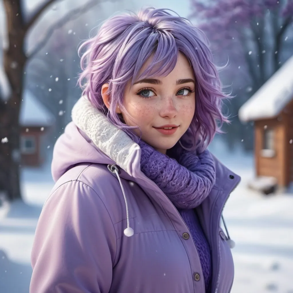 Prompt: Full body. Breathtakingly cute girl.with a curvy body, friendly and happy expression, ice-cold white skin, purple hair, freckles, dimples, short messy hair, cold winter morning, highres, ultra-detailed, realistic, cute, ultra detailed, purple hair, freckles, cold winter morning, snow storm, soft lighting