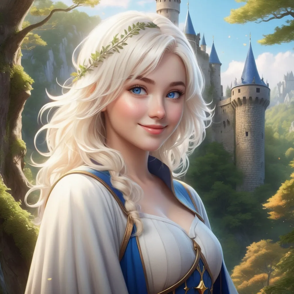 Prompt: Hyper realistic Anime illustration of a curvy  magical wizard woman, short Messy hair, bright white blonde hair, cute and friendly smile, blue eyes, standing tall in a mystical forest, dimples and freckles, shy, innocent, angelic aura, medieval castle in the background, highres, ultra-detailed, anime, fantasy, magical, mystical forest, cute and friendly, detailed eyes, medieval castle, atmospheric lighting