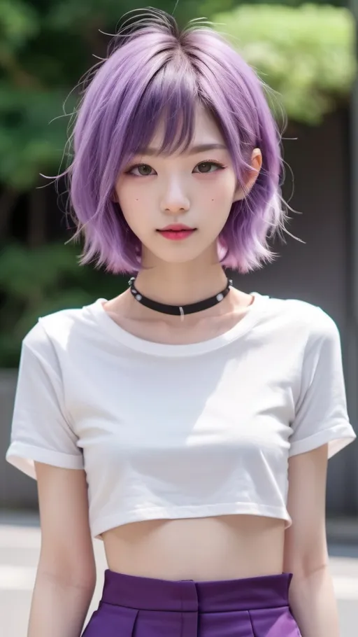 Prompt: a ultra-gorgeous and ultra-cute young japanese woman. She has short and messy purple hair. Dimples and pink lips. Very pale skin.  Slim figure and a tiny flat chest. Cute, lovely, innocent, petite, sweet. Wearing a choker and a crop top. 