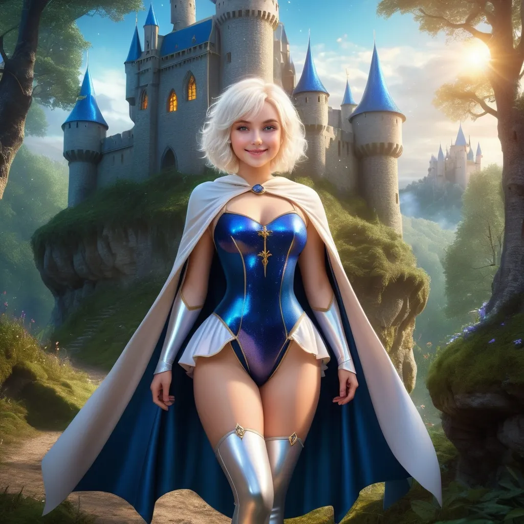 Prompt: realistic curvy  magical wizard woman, short Messy hair, bright white blonde hair, cute and friendly smile, blue eyes, dressed in a leotard of a magical thin fluid material with a sparkling cape, thigh high boots, standing tall in a mystical forest, dimples, freckles, shy, innocent, medieval castle in the background, highres, ultra-detailed, fantasy, magical, mystical forest, cute and friendly, detailed eyes, medieval castle, atmospheric lighting