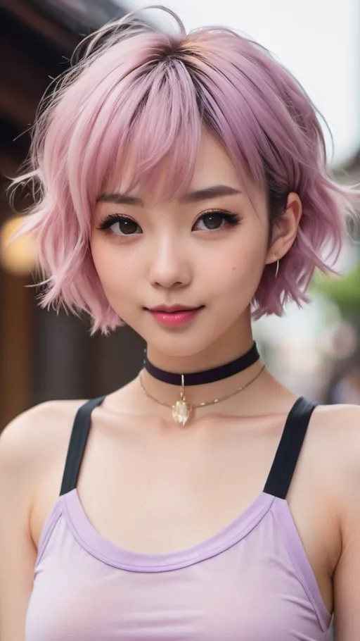 Prompt: Ultra-gorgeous and ultra-cute Japanese woman with short messy purple hair, dimples, pink lips, and very pale skin, slim figure, tiny flat chest, wearing a choker and a crop top, highres, detailed face, anime, cute, lovely, innocent, petite, sweet, pastel tones, soft lighting