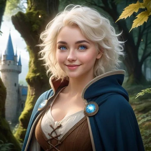 Prompt: realistic curvy  magical wizard woman, short Messy hair, bright white blonde hair, cute and friendly smile, blue eyes, standing tall in a mystical forest, dimples and freckles, shy, innocent, angelic aura, medieval castle in the background, highres, ultra-detailed, fantasy, magical, mystical forest, cute and friendly, detailed eyes, medieval castle, atmospheric lighting