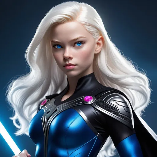 Prompt: High resolution, exceptional detail, high quality, Photorealistic. In a neon-lit future, a teenage superheroine of 18 years, embodying both innocence and strength, stands out with her albino-like features: her skin is a luminous bright white, complemented by radiant white hair and striking vibrant blue eyes. She wears a sleek black leotard adorned with illuminated technical accents that highlight her abs, female curves, and the nuances of her physique. The leotard features Thor’s hammer as her logo, symbolizing her unyielding strength and heroism. Her ensemble is completed by a flowing black cape and stylish knee-high boots with heels, blending elegance with combat readiness. Her attire is a testament to her strength and warmth. Pay special attention to her face—it must be rendered with utmost detail, capturing the kindness in her vibrant blue eyes, the softness of her vibrant pink lips, the playful charm of her dimples, and the delicate scattering of freckles. Her face is a critical focal point, reflecting her adorable, sweet, and friendly nature. Emphasize the illuminated details of her outfit and the powerful yet approachable essence of her character, ensuring her facial expressions and features are depicted with exceptional clarity and realism.