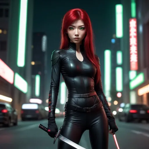 Prompt: hyperrealistic image of a Young Asian ninja woman, ruby red hair, green eyes, very skinny, narrow, slender, petite, wearing a tight form-fitting black catsuit, ready to engage posture in an illuminated city center at midnight, armed with a katana, wearing a tactical utility belt. Science fiction cyberpunk scenario. highres, 8k, masterpiece, detailed face, detailed hair, detailed eyes, detailed body, perfect anatomy