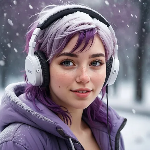 Prompt: Breathtakingly cute girl.with a curvy body, friendly and happy expression, ice-cold white skin, purple hair, freckles, dimples, short messy hair, cold winter morning, highres, ultra-detailed, realistic, cute, ultra detailed, purple hair, freckles. Wearing headphones. Listening to heavy metal music, cold winter morning, snow storm, soft lighting