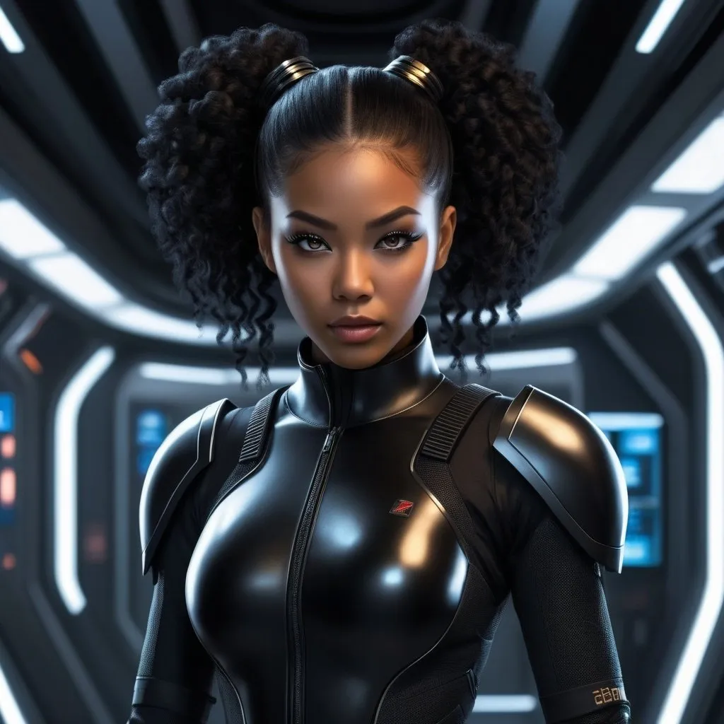 Prompt: Create a high-resolution, detailed digital painting of a young Afro-Asian female with technical enhancements, embodying the essence of a ninja set in a futuristic science fiction environment. She stands confidently aboard a sleek and advanced starship, in a dimly lit corridor. Her attire is a form-fitting outfit in various shades of black, such as matte black, sparkling black, and jet black, that combines traditional ninja elements with subtle, futuristic technical enhancements. Her hairstyle features straight, long black hair, potentially styled into a black pigtail or with a sidecut. The shades of black in her outfit create a nuanced, monochromatic look that emphasizes the outfit's texture and her silhouette against the ambient lighting. The technical enhancements, like a cybernetic arm or glowing eyes, should be visible but integrate smoothly into her human form, emphasizing a balance between her humanity and the technological advances. The scene captures a sense of mystery and power, with detailed hair, realistic facial features, and professional detail in the eyes, fabric texture, and ambient starship lighting.