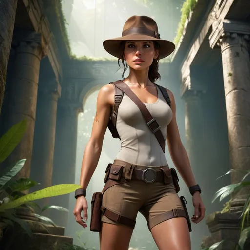 Prompt: Imagine a hyper-realistic, high-resolution image of a powerful woman from a distant future, channeling the essence of both Lara Croft and Indiana Jones. Aged 25 to 30, she possesses a sporty, narrow, and petite physique that exudes strength and agility. Her outfit blends iconic elements of both adventurers, reimagined for the future: a sleek, functional bodysuit that adapts to her movements, made from advanced materials, and equipped with integrated technology for exploration. Complementing her attire is a weathered, brown Fedora hat, a nod to Indiana Jones, which adds an air of ruggedness and mystery to her character. She is equipped with a utility belt and harness that include futuristic gadgets and tools essential for her explorations.

She stands at the entrance of ancient temple ruins, now overgrown and part of a lush, dense jungle. The ruins are illuminated by dappled sunlight filtering through the foliage, highlighting the intricate stone carvings and vegetation that have reclaimed the structures over millennia. This adventurer is poised and ready for action, her gaze determined and curious as she prepares to delve into the secrets of the past. The scene is meticulously rendered in hyper-realistic detail, emphasizing the textures of her suit, the patina on her hat, and the vibrant, mysterious environment around her.