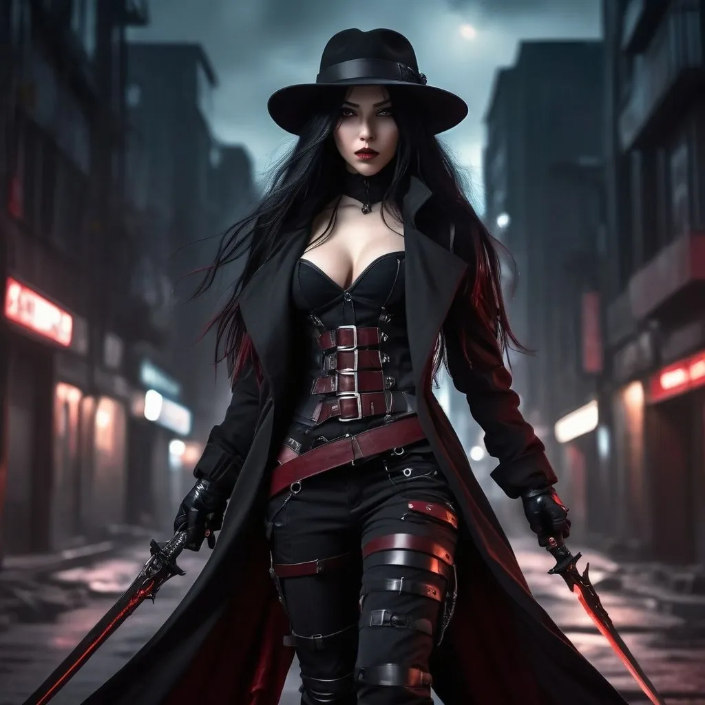 Prompt: Anime cyberpunk style, young vampire huntress, long flowing black hair with dark red streaks, dark red corset, black cargo pants, tactical belt, long black coat, black fedora hat, carrying a sword on her back, highly detailed, HD, dark background, sneaking through an iluminated city center