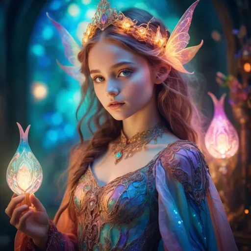 Prompt: Young girl in a fantasy setting, petite body, magical elements, ethereal atmosphere, vibrant and mystical color palette, whimsical fantasy style, detailed facial features, glowing magical effects, flowing and ornate fantasy attire, high quality, fantasy, ethereal, magical elements, whimsical, vibrant colors, detailed facial features, glowing effects, ornate attire, atmospheric lighting