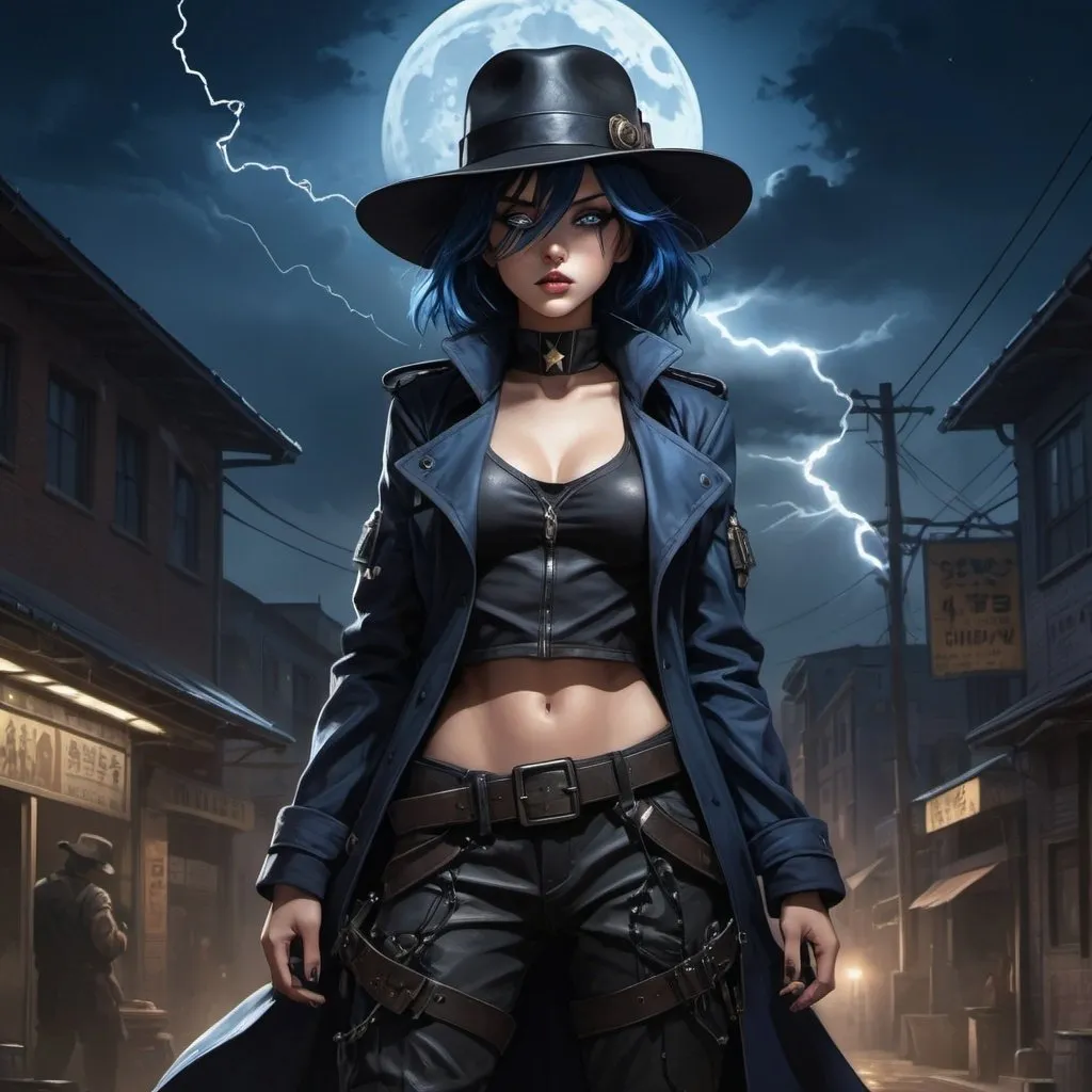 Prompt: Anime illustration of A mysterious woman with navy blue hair on a cyberpunk and steam punk scene. She is wearing a black fedora hat, a long black leather trenchcoat with a marshal star,  blue with black t-shirt, black cargo pants and black tactical boots. She is armed with a hellebarde. Empty western town at midnight with lightnings striking down around her, dramatic lighting, full moon. Highres, masterpiece, detailed face, detailed hair, detailed eyes, detailed body.